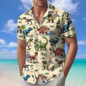 Dinosaur Hawaiian Button Shirt – Tropical Dinosaur Vacation Shirt